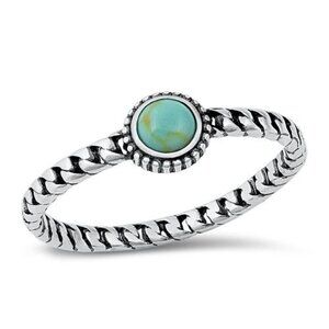 Sterling Silver 925 Dainty Minimalist Round Turquoise Twisted Band Ring Sz 7.25